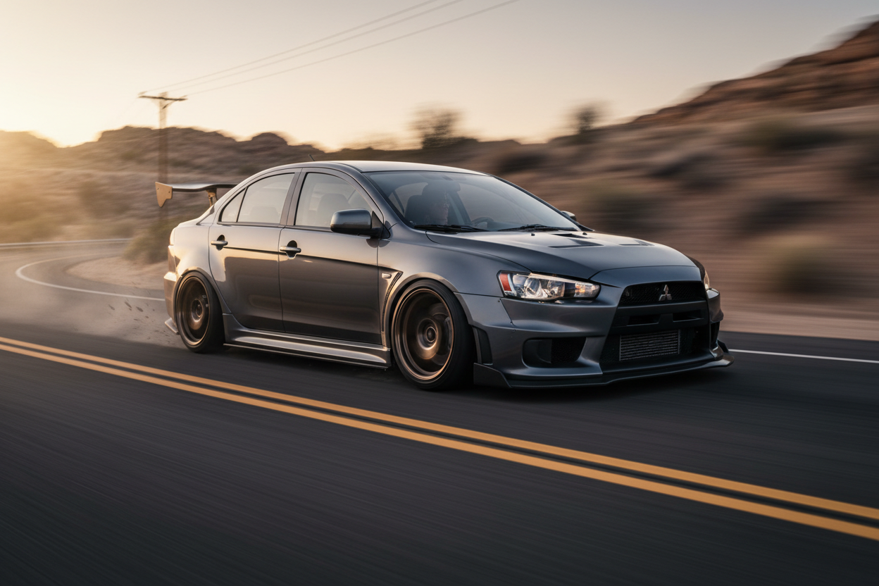 A Modified Mitsubishi Lancer (2008-2014) driving fast showing speed