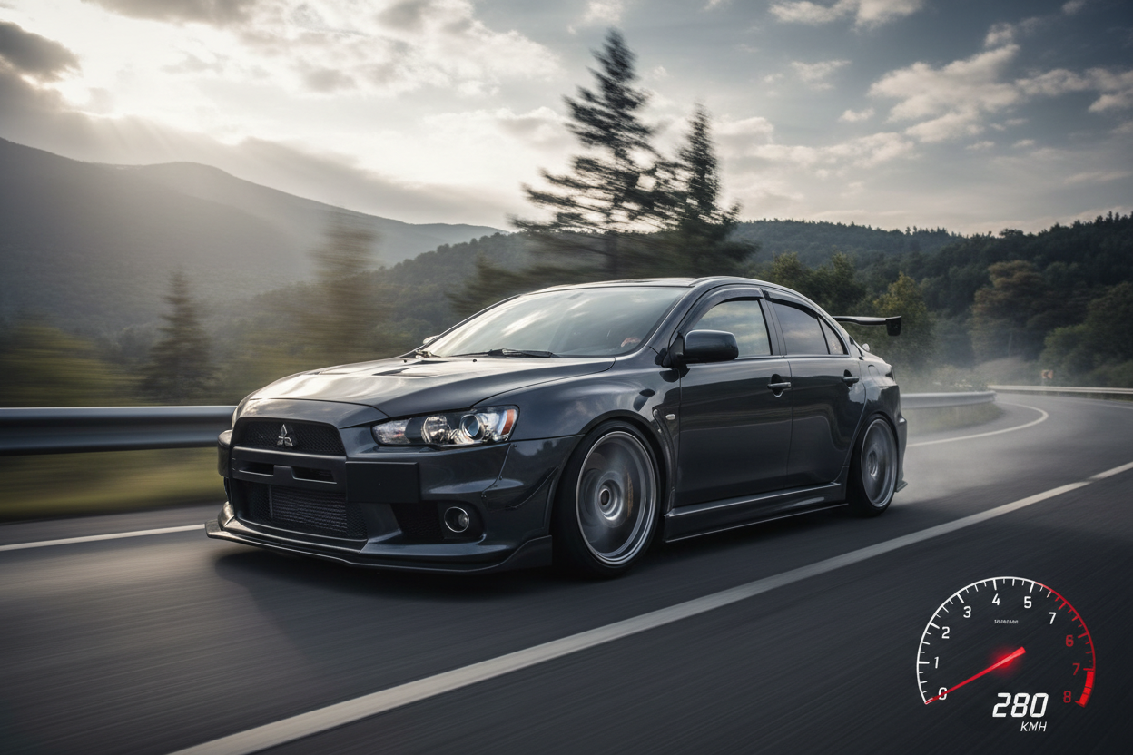 A modified  Mitsubishi Lancer (2008-2014)  driving fast showing speed