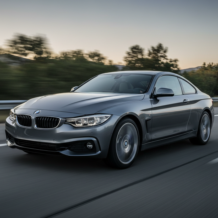 A Photo of a BMW 420i 2016 driving fast showing speed and excitement