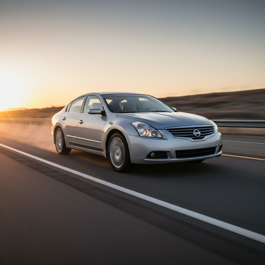 A square 1:1 image of a 2008 Nissan Altima driving fast showing speed and excitement