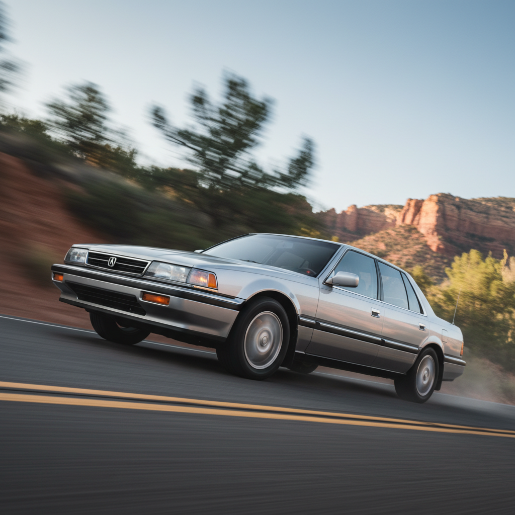 A square 1:1 image of a Acura Legend 1986 driving fast showing speed and excitement