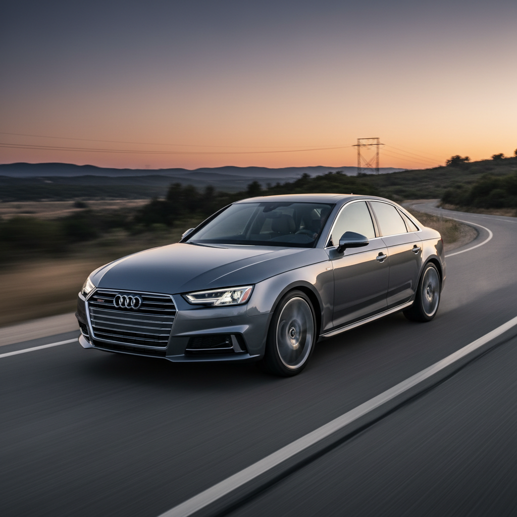 A square 1:1 image of a Audi A4 (2015-2025) driving fast showing speed and excitement