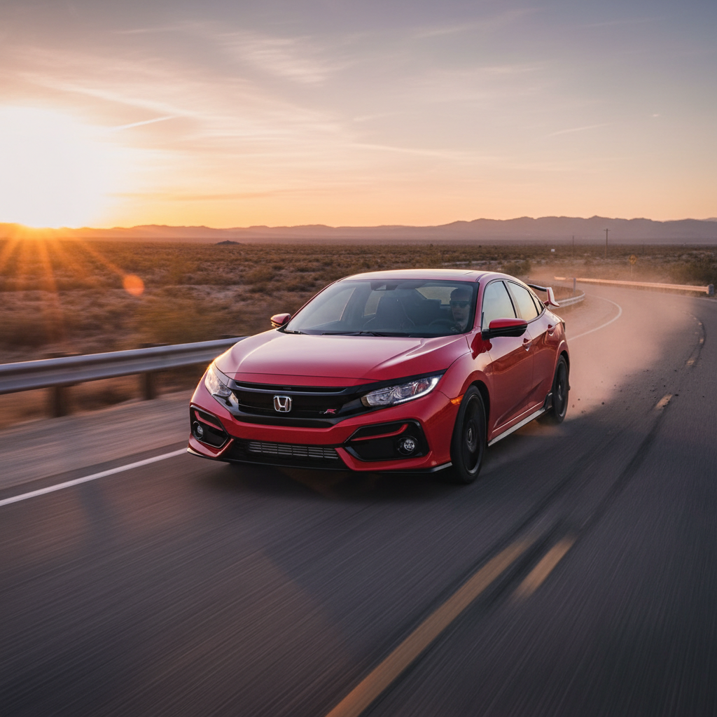 A square 1:1 image of a Honda Civic Si  driving fast showing excitement