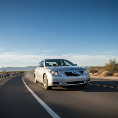 A square 1:1 image of a Toyota Camry (2007-2009) driving fast showing excitement