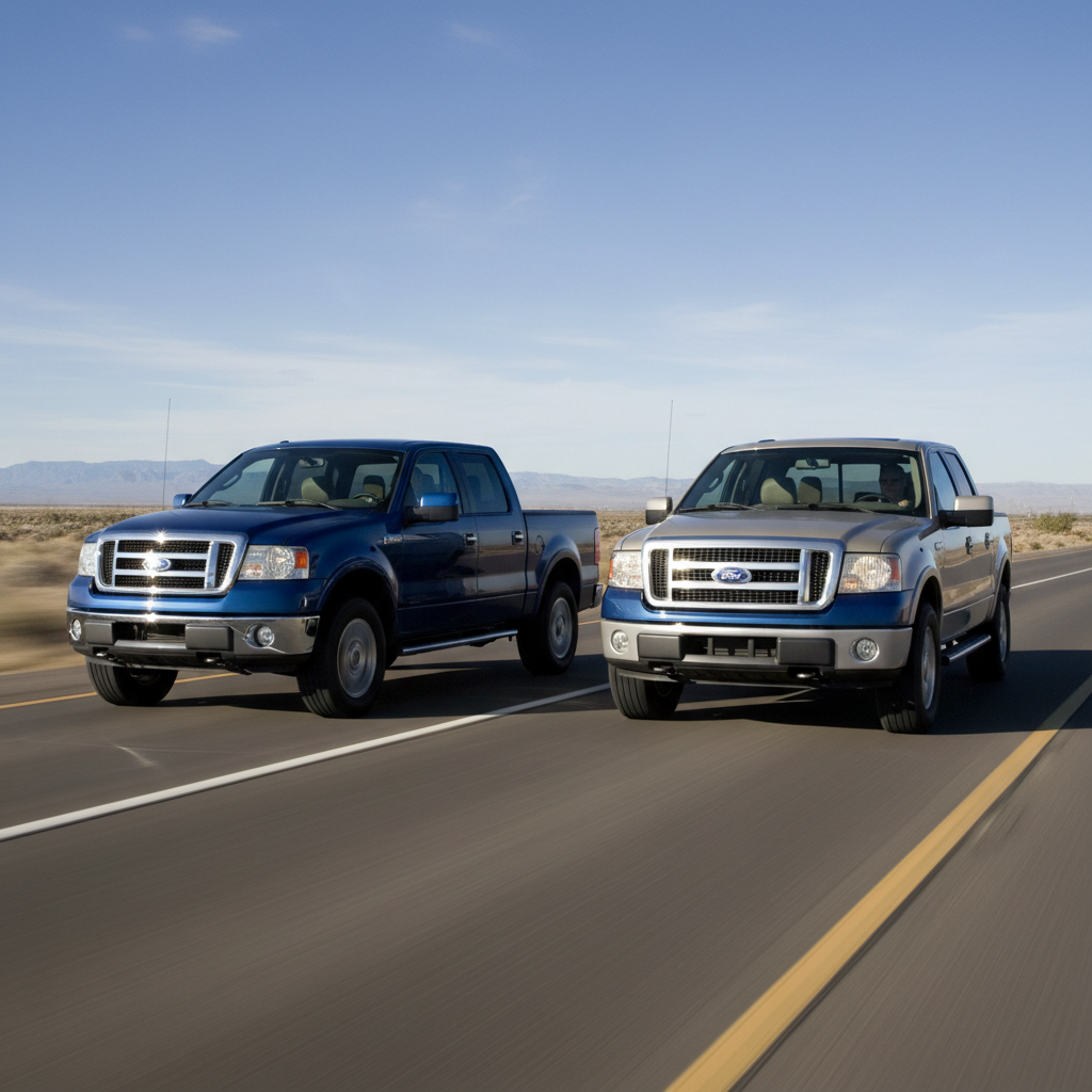 A square 1:1 image of TWO ford F-150 2005 and 2006 driving down the highway fast!