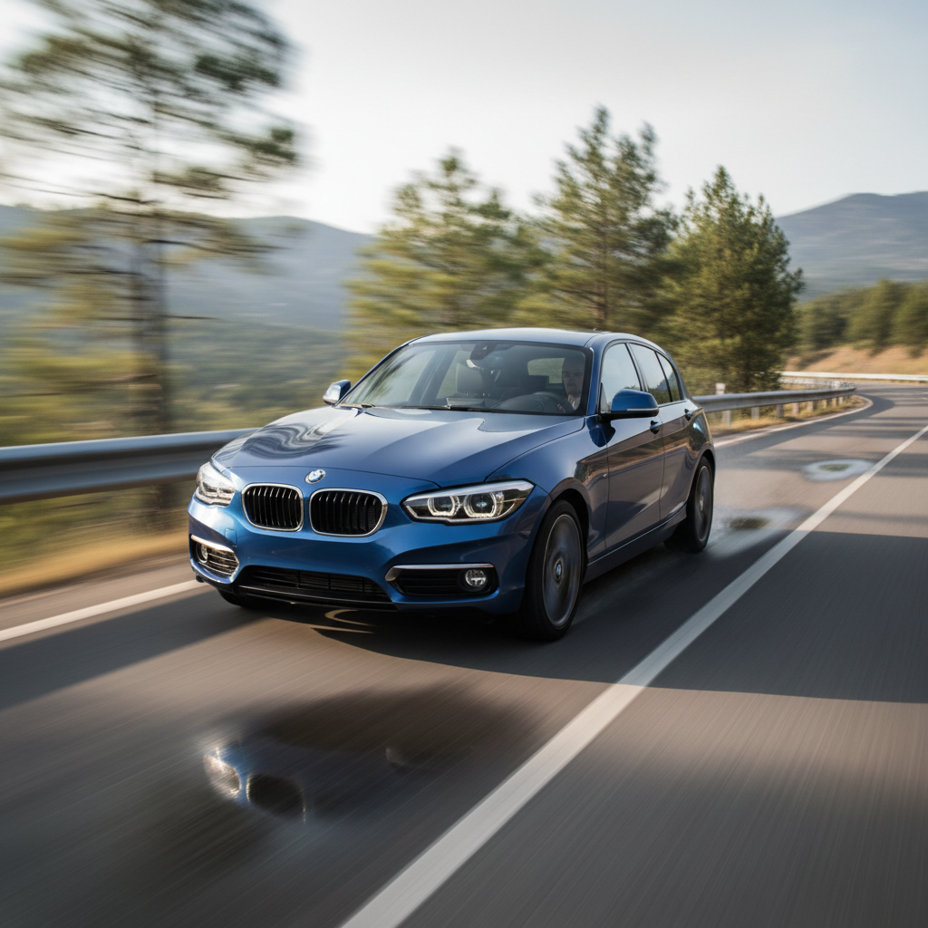 A square image of a 120i BMW 2016 driving fast showing speed