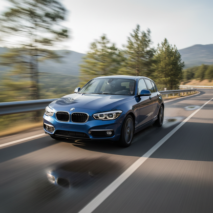 A square image of a 120i BMW 2016 driving fast showing speed