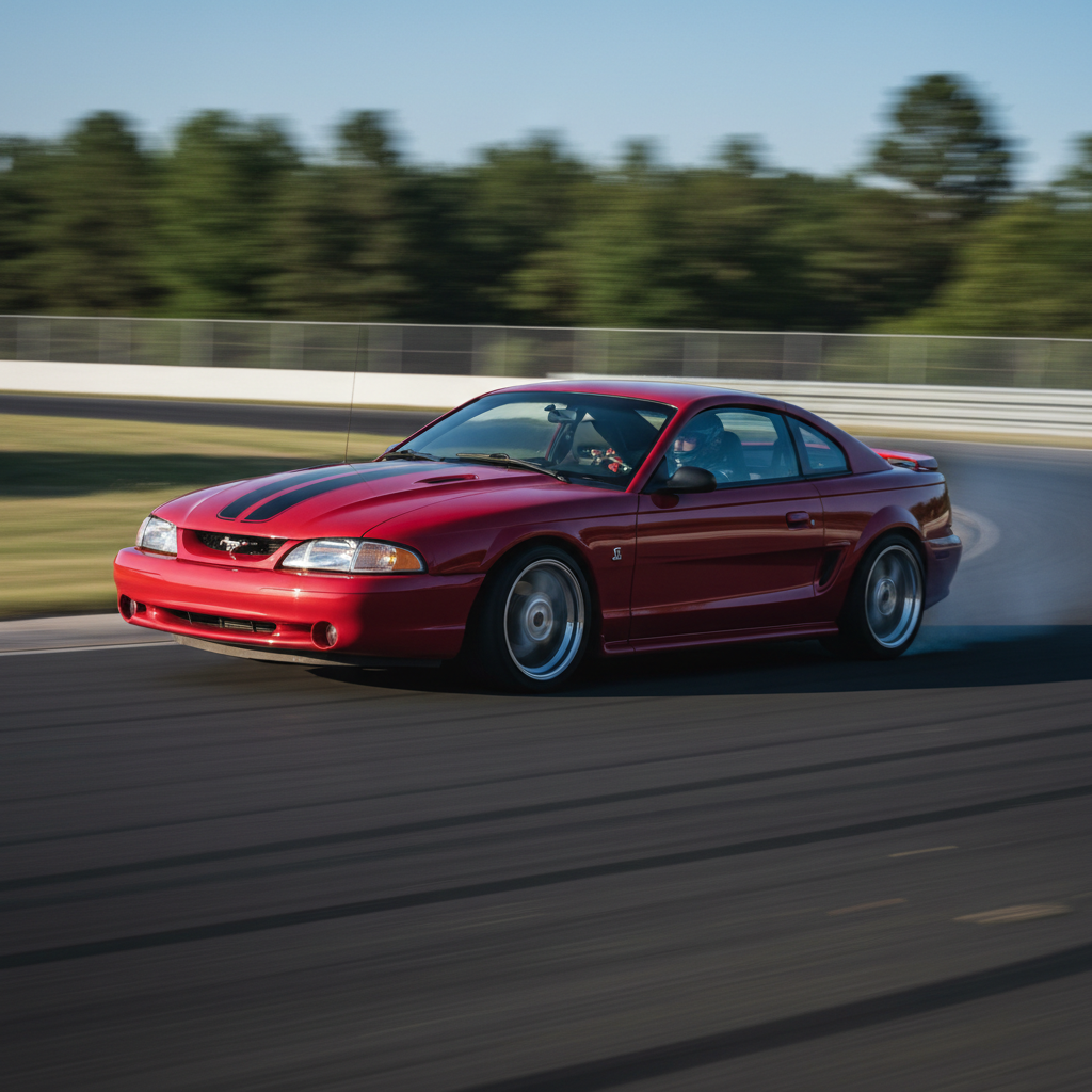 A square image of a 1994-1995 Ford Mustang GT driving fast showing SPEED!