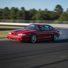 A square image of a 1994-1995 Ford Mustang GT driving fast showing SPEED!