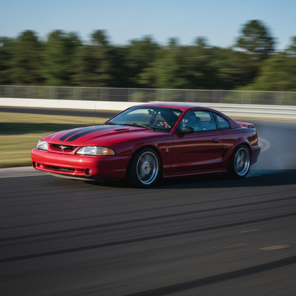 A square image of a 1994-1995 Ford Mustang GT driving fast showing SPEED!