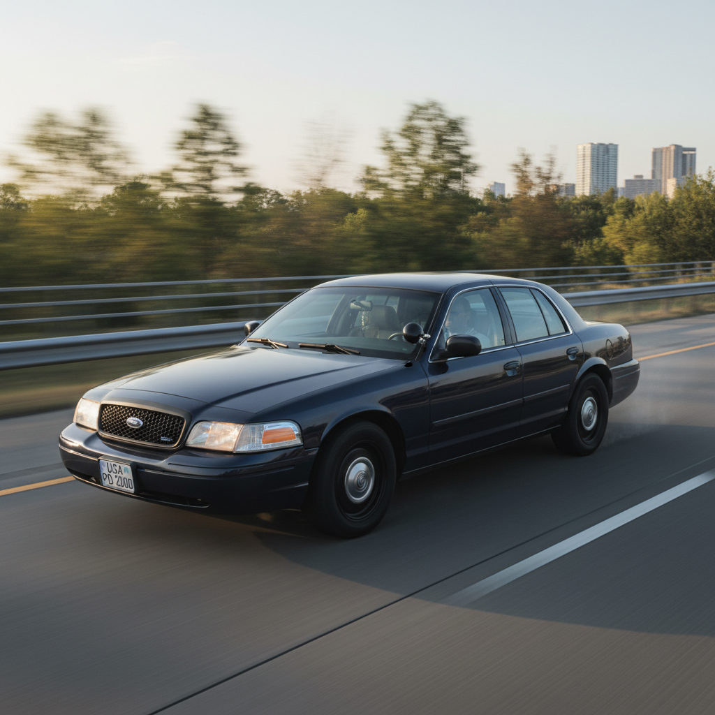 A square image of a 2000 Ford Crown Victoria driving fast showing speed