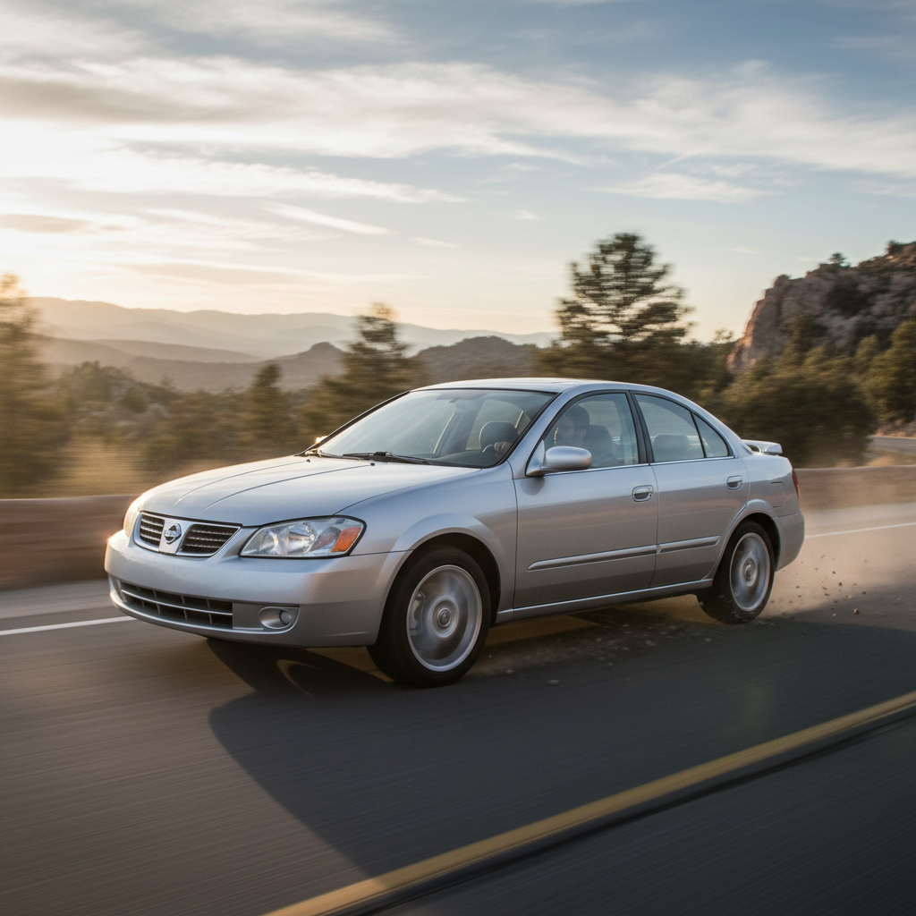 A square image of a 2002 – 2006 Nissan Sentra S driving fast showing speed