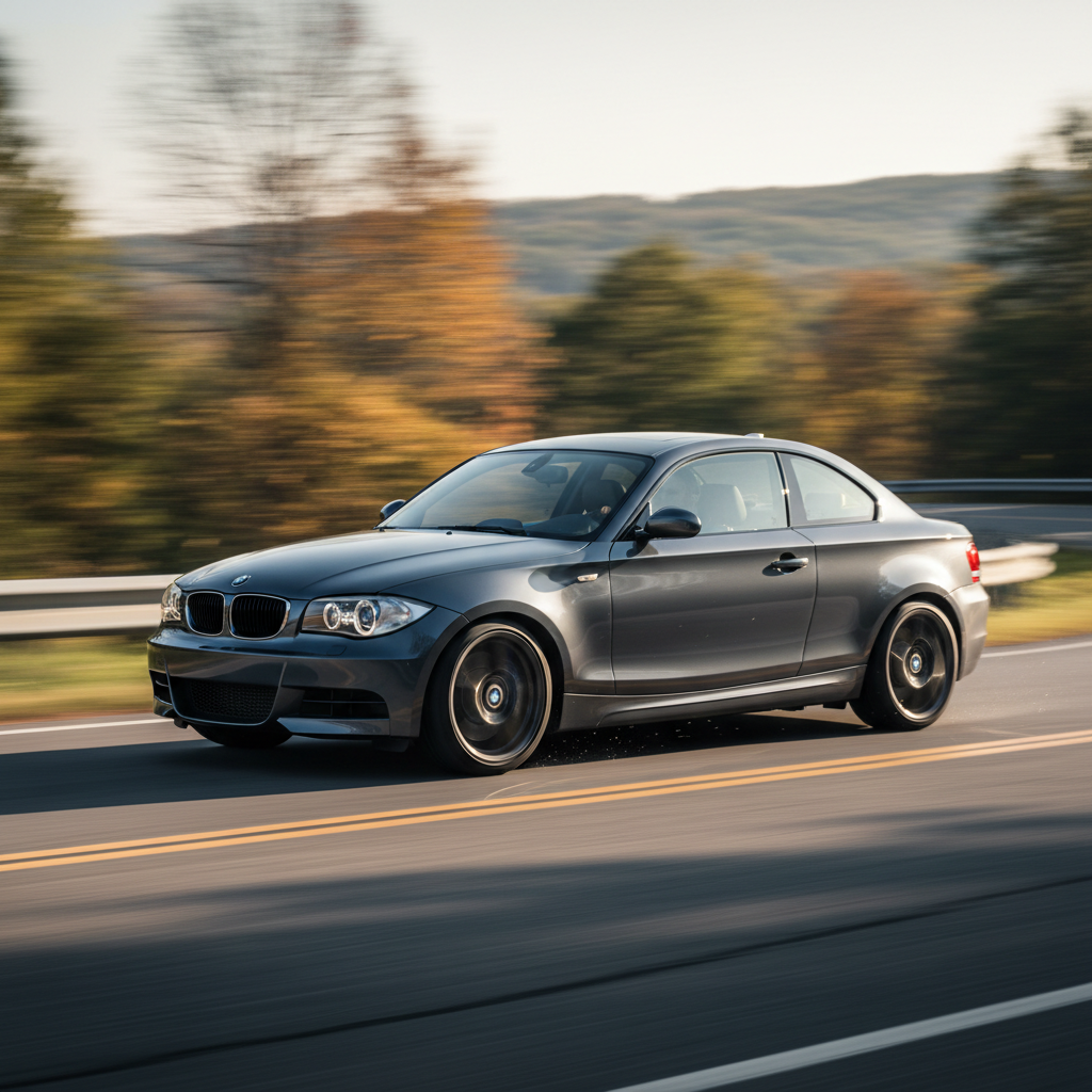 A square image of a 2013 BMW 135i driving fast showing speed