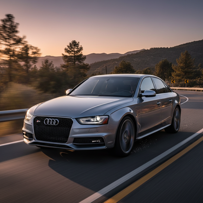 A square image of a Audi S4 2012 driving fast showing speed and excitement