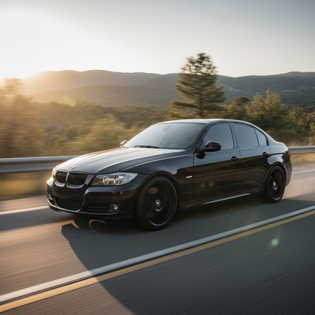 A square image of a BMW 2007 328i driving fast showing speed, with 19 inch wheels black