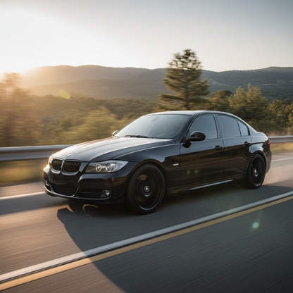 A square image of a BMW 2007 328i driving fast showing speed, with 19 inch wheels black