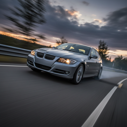 A square image of a BMW 328i  (2007-2012) driving fast showing speed and excitement