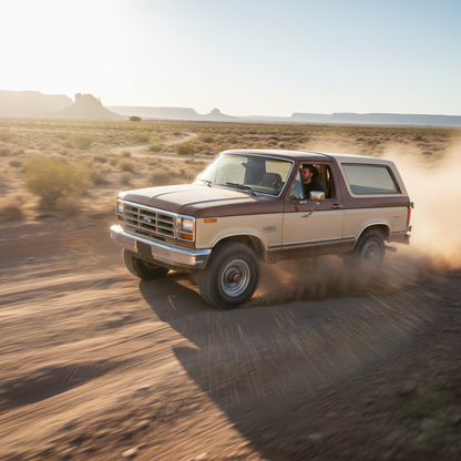 A square image of a BRONCO 1988 driving fast showing speed