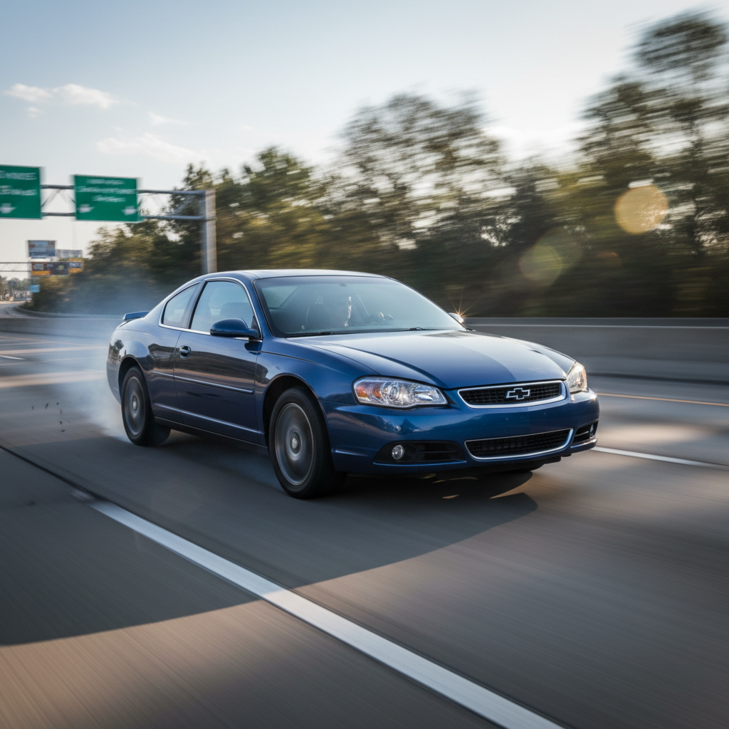 A square image of a Chevy Monte Carlo (2006-2008) driving fast showing speed