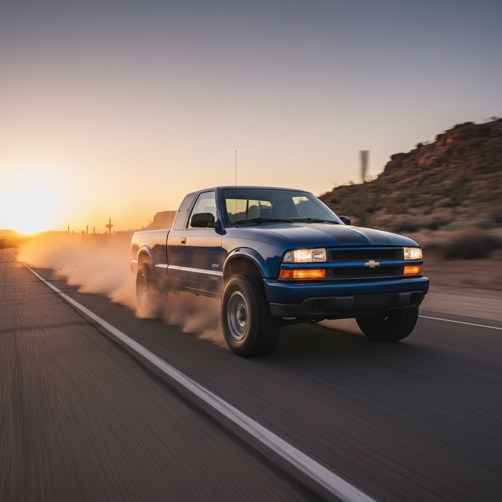 A square image of a Chevy S10 1997 driving fast showing excitement
