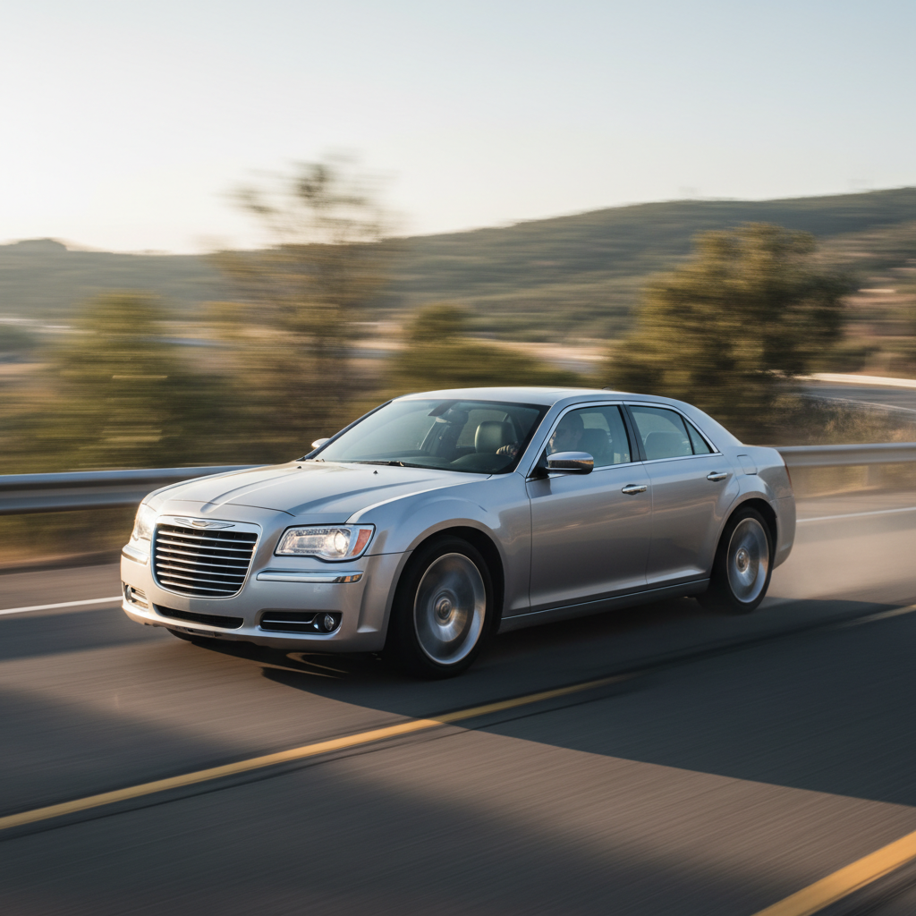 A square image of a  Chrysler 300 with 2.7L engine driving fast showing speed