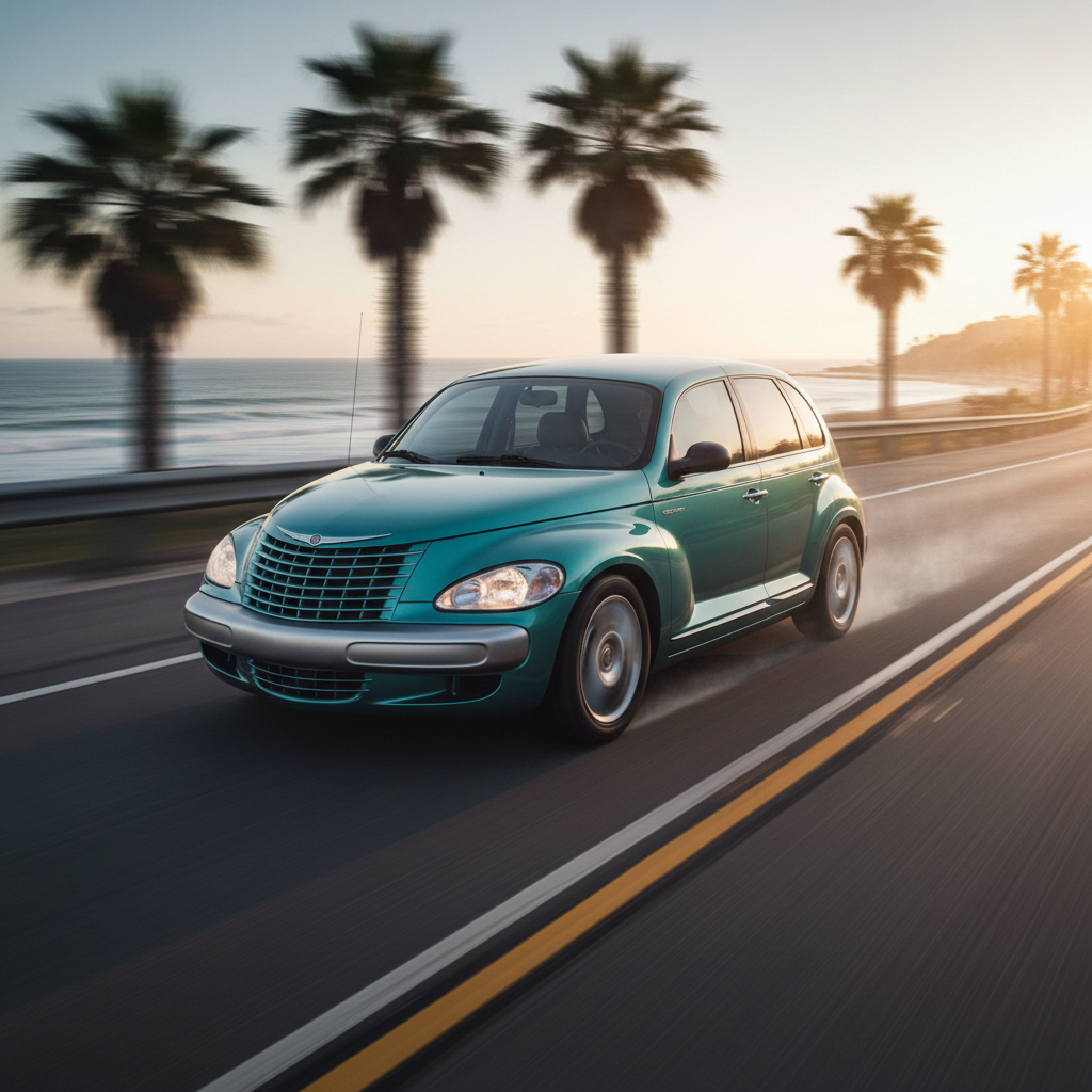 A square image of a  Chrysler PT Cruiser (2001-2009) driving fast