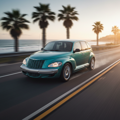 A square image of a  Chrysler PT Cruiser (2001-2009) driving fast