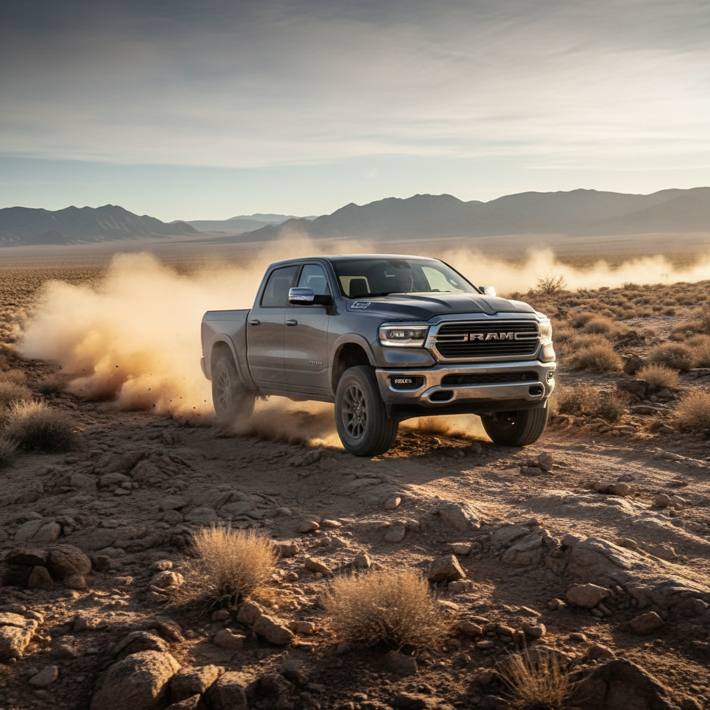 A square image of a fast driving Ram 1500 Classic (2019-2024) going off road