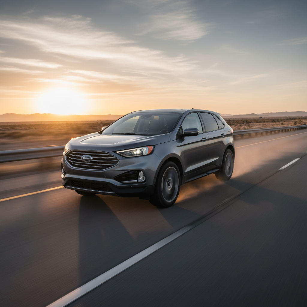 A square image of a Ford Edge driving fast showing speed