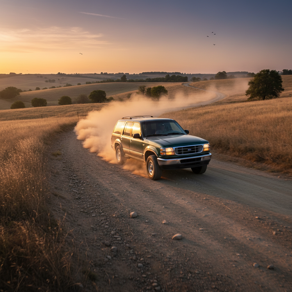A square image of a Ford Explorer 1994 driving fast showing speed on the backroads