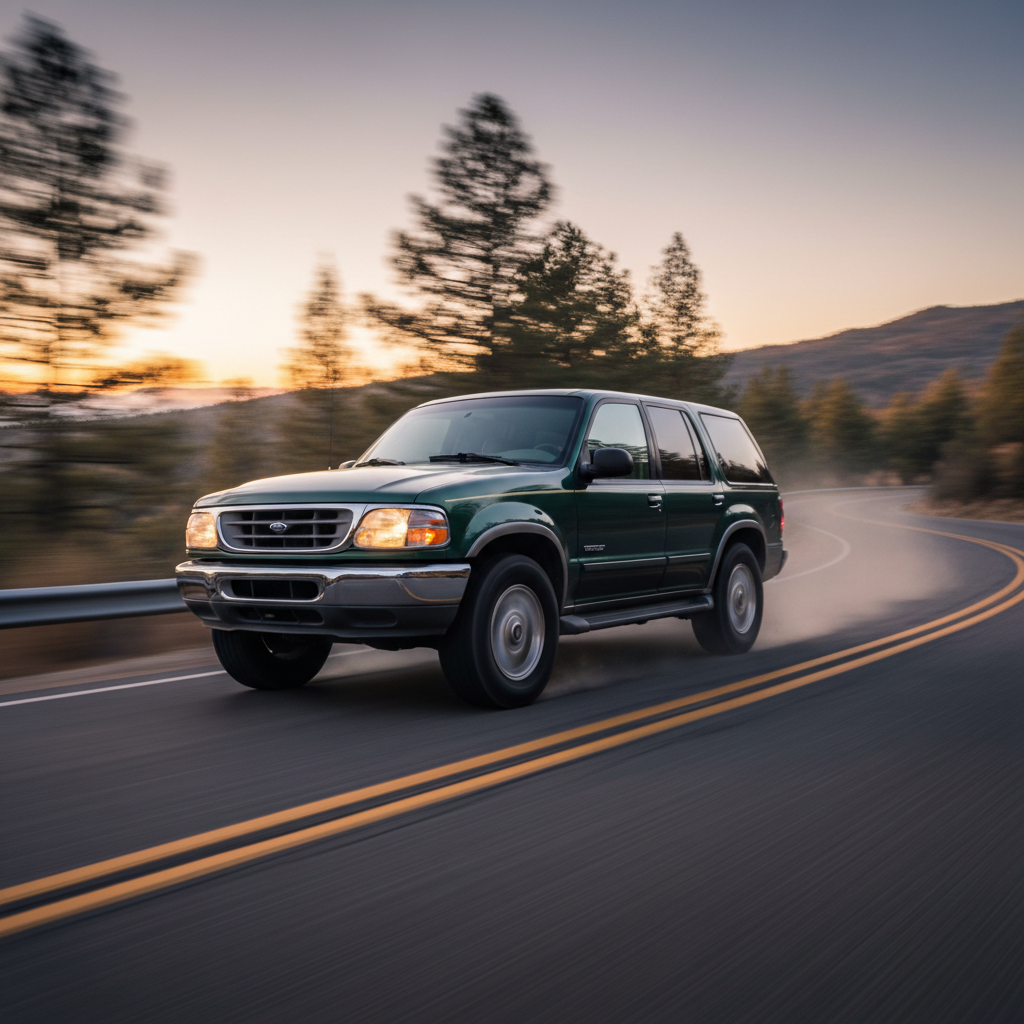A square image of a Ford Explorer (1995-2000) driving fast showing speed
