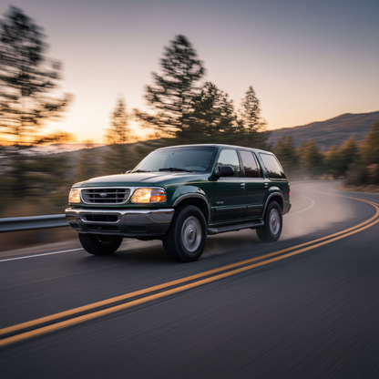 A square image of a Ford Explorer (1995-2000) driving fast showing speed