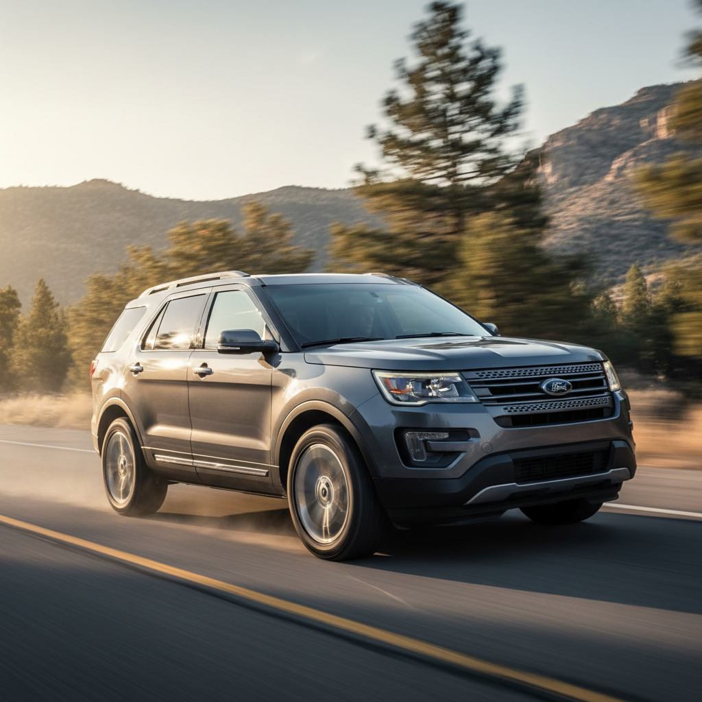 A square image of a Ford Explorer 2014 driving fast showing speed