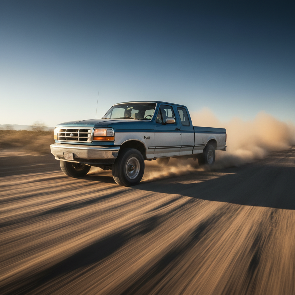 A square image of a Ford F-150 (1994-1996) driving fast showing speed