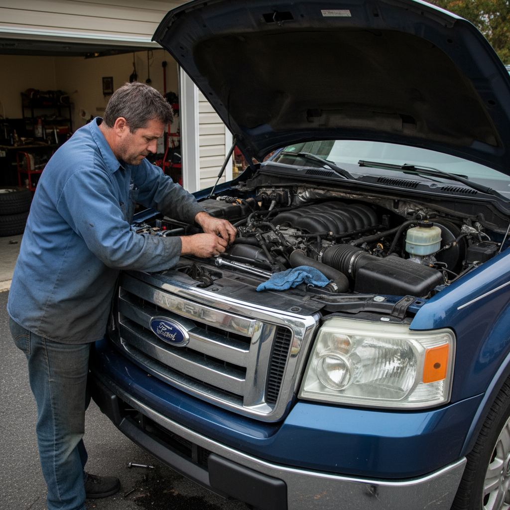 A square image of a  Ford F-150 (2005-2008) 5.4L with the Hood popped up and a man working on the engine