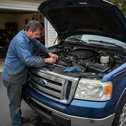 A square image of a  Ford F-150 (2005-2008) 5.4L with the Hood popped up and a man working on the engine