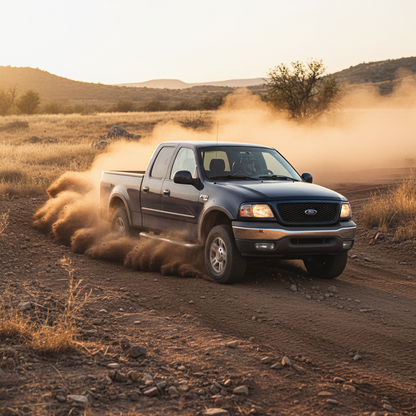 A square image of a Ford F150 2000 driving fast showing speed off road