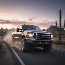 A square image of a Ford F250 F350 (2003-2007) driving fast
