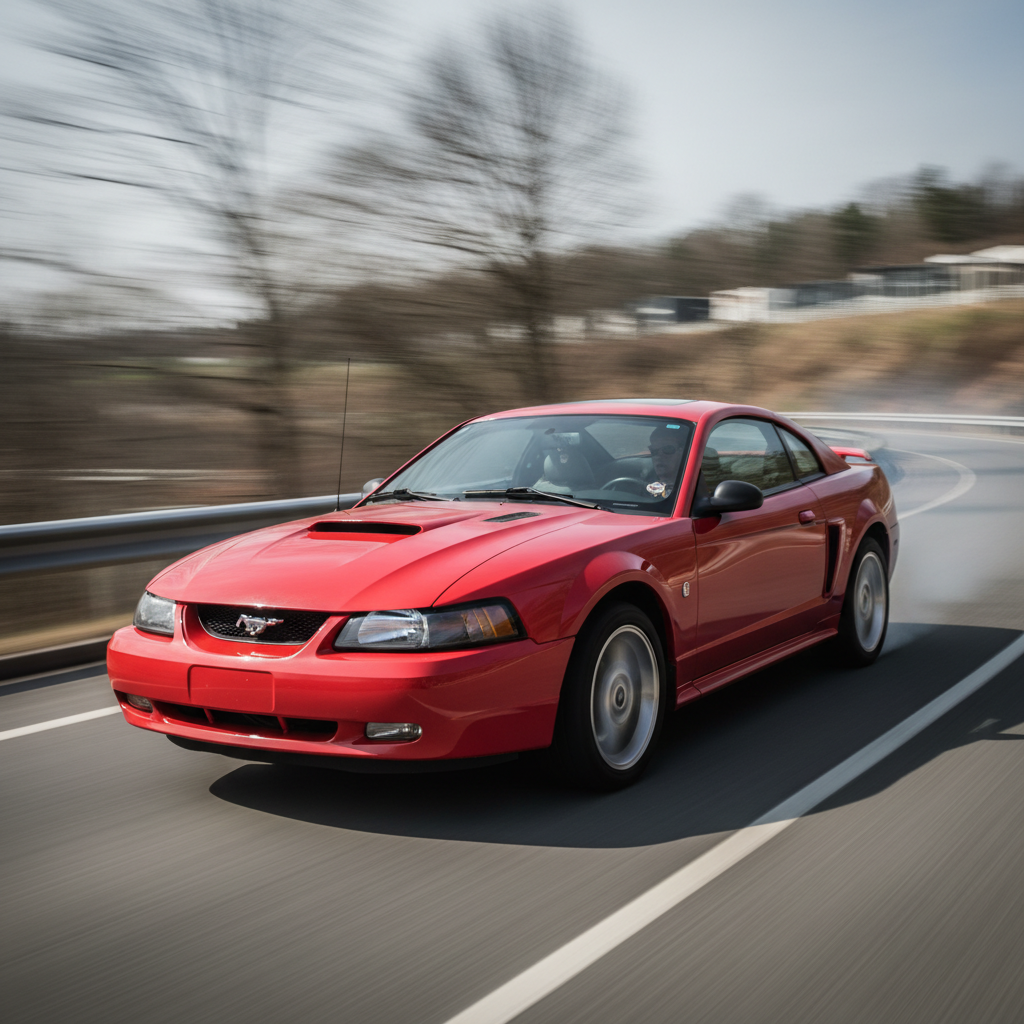 A square image of a Ford Mustang (1999-2004) driving fast showing speed