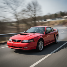 A square image of a Ford Mustang (1999-2004) driving fast showing speed