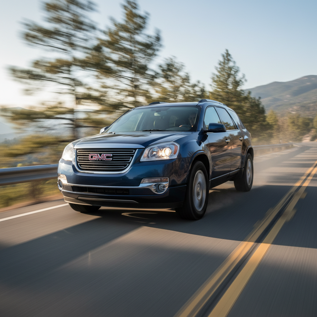 A square image of a GMC Acadia 2008 driving fast showing speed