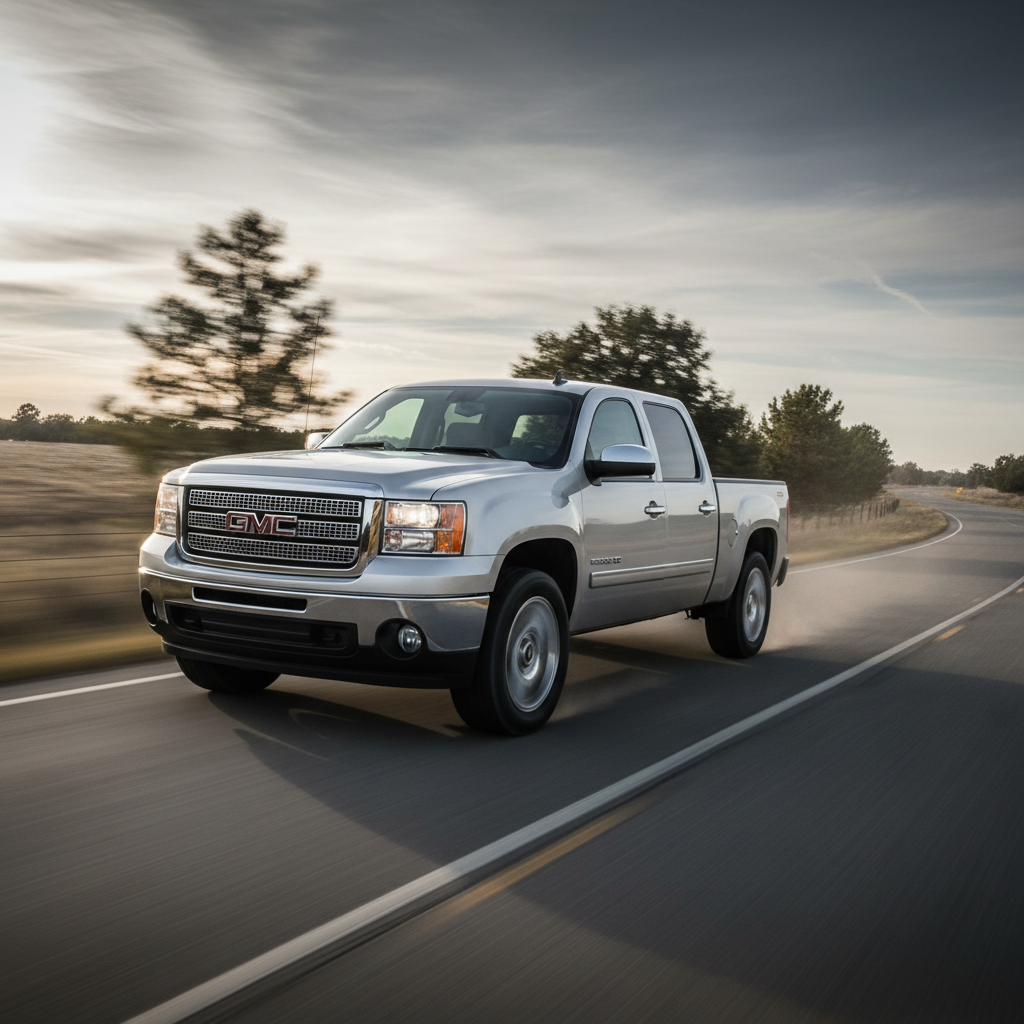 A square image of a GMC Sierra 1500 2010 driving fast showing speed