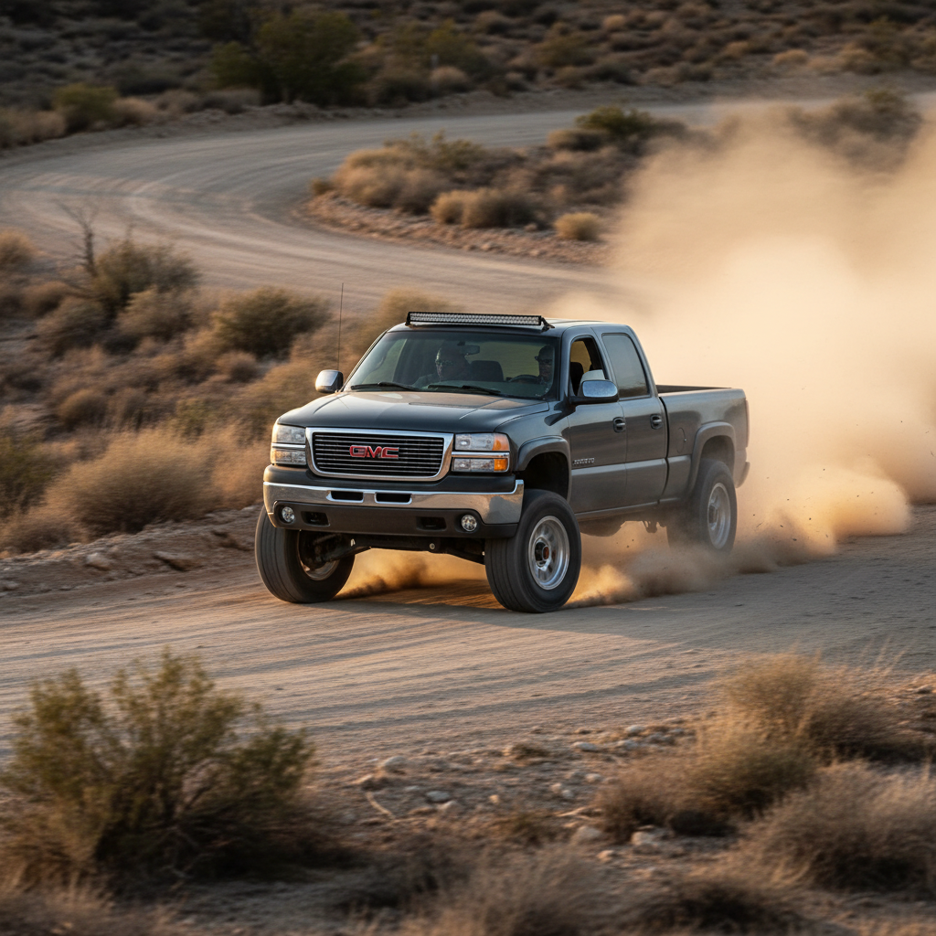 A square image of a  GMC Sierra 1500/2500 (1999-2006) driving fast showing speed