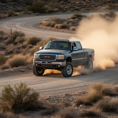 A square image of a  GMC Sierra 1500/2500 (1999-2006) driving fast showing speed