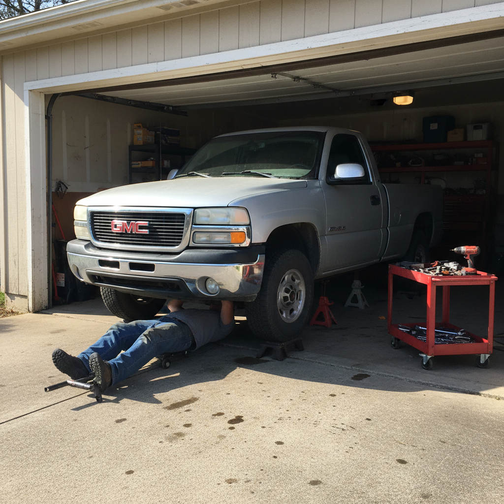 A square image of a GMC Sierra (1999-2005) parked infront of a garage on Jack stands, with am an working on it
