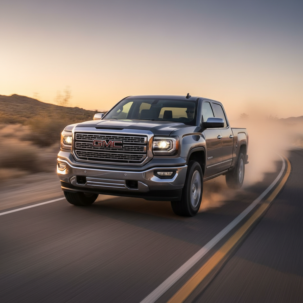 A square image of a  GMC Sierra (2014-2019) driving fast showing speed
