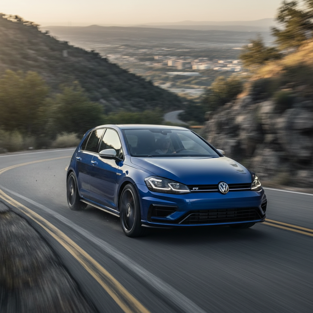 A square image of a Golf R (2015-2020) driving fast showing speed and excitement