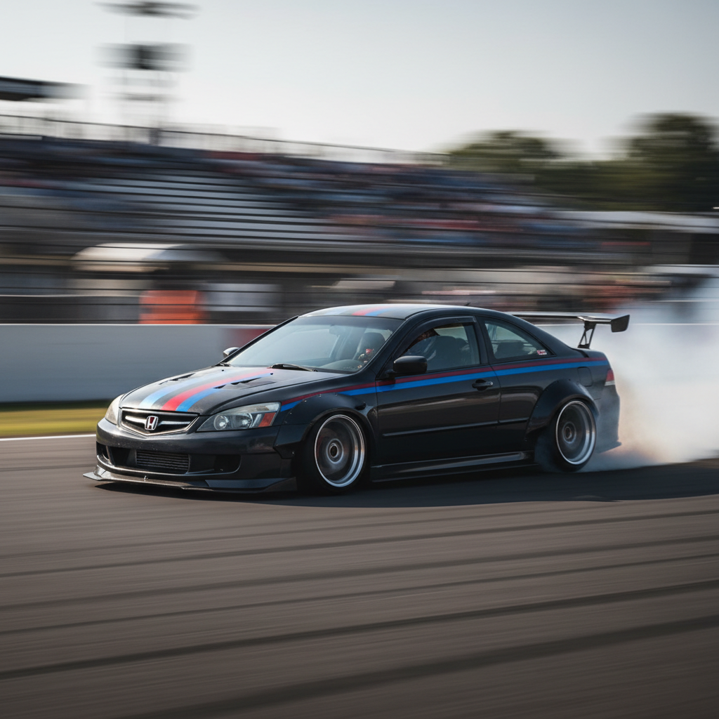 A square image of a highly modified Honda Accord 2005 driving fast showing speed