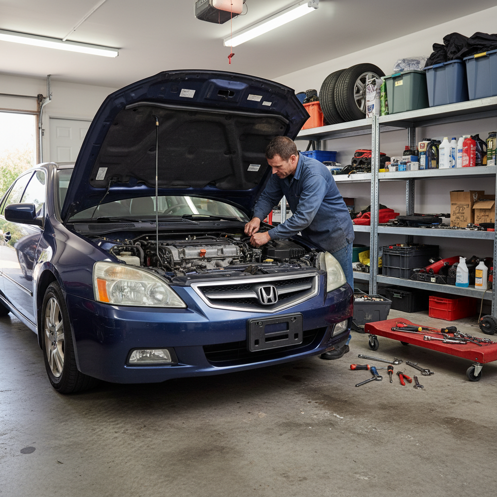 A square image of a Honda Accord 2004 parked in a garage with the hood open and a man working on it