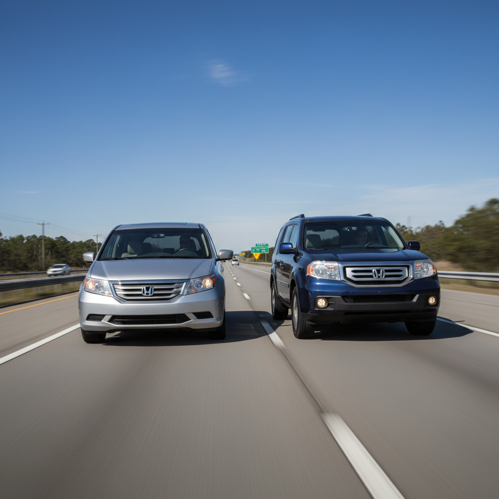 A square image of a Honda Odyssey and a Pilot (2007-2015) driving fast down the highway